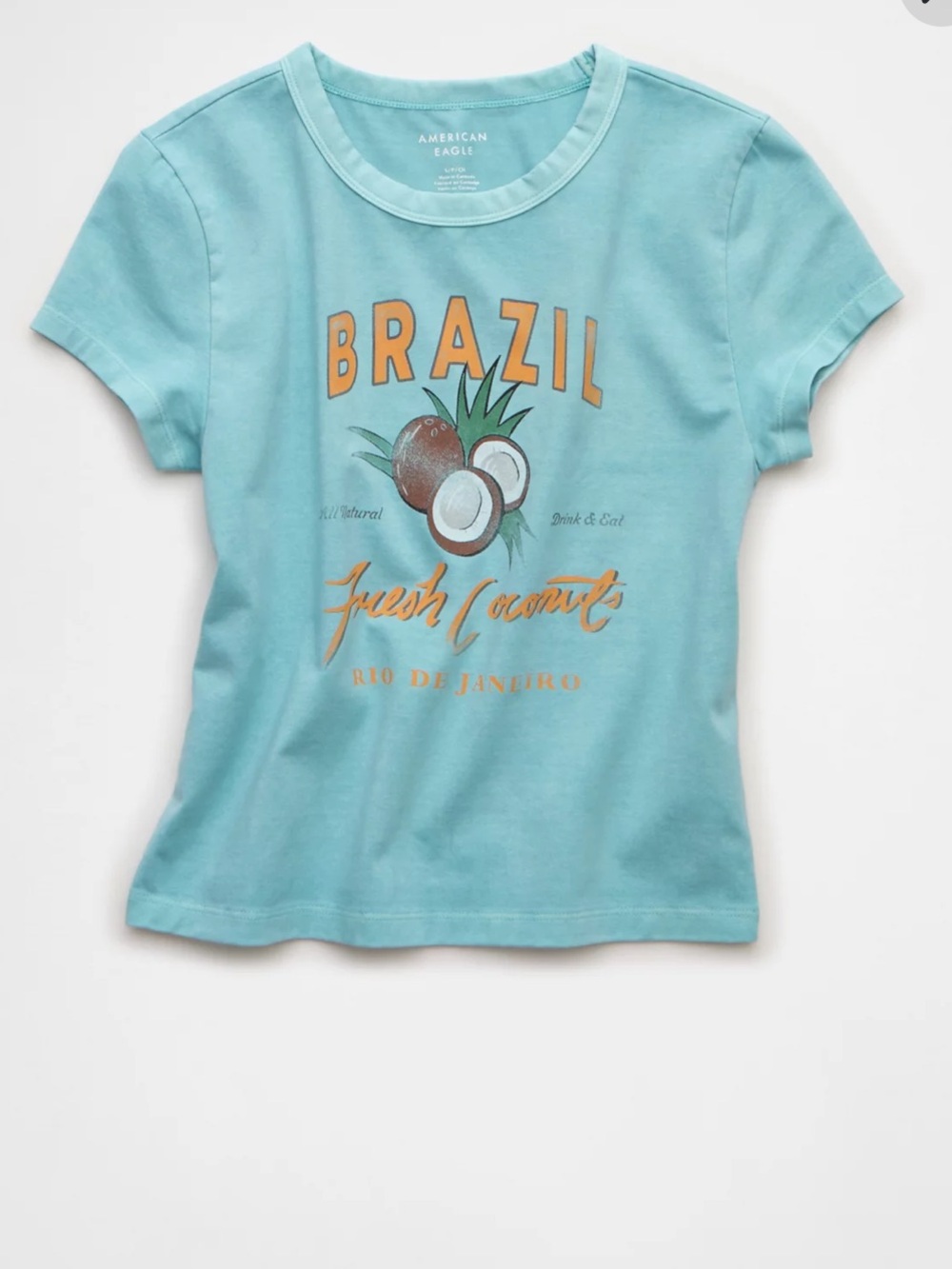 American Eagle Outfitters Light Blue 'Brazil Fresh Coconuts' Graphic Tee
